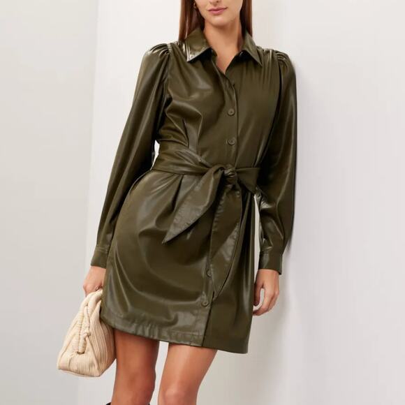 Peter Som Olive Green Faux Leather Mini Shirt Dress SIze 12 Career Designer $355 - Picture 3 of 13
